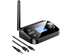 Transmisor Bluetooth para TV con pantalla LCD y control de volumen. Conecta dos auriculares inalámbricos. Compatible con conectores de 3,5 mm, ópticos y tarjeta TF. Viewleaf.
