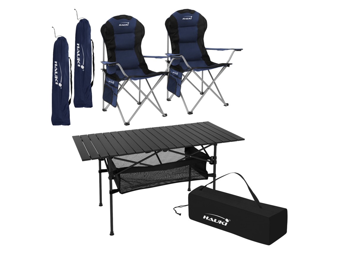 Juego de Muebles de Camping de 3 Piezas 1x Mesa Negra 2x Sillas de Acampada Plegables en Color Azul HAUKI