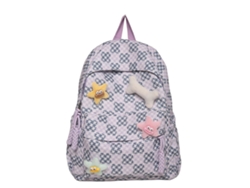 Mochila moderna para mujer en nylon con estampado de cuadros, espaciosa y funcional, ideal para el colegio y el día a día. Color morado.