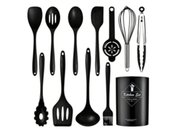 Juego de utensilios de cocina de silicona, aptos para sartenes antiadherentes, 12 piezas. Negro. Sin BPA.