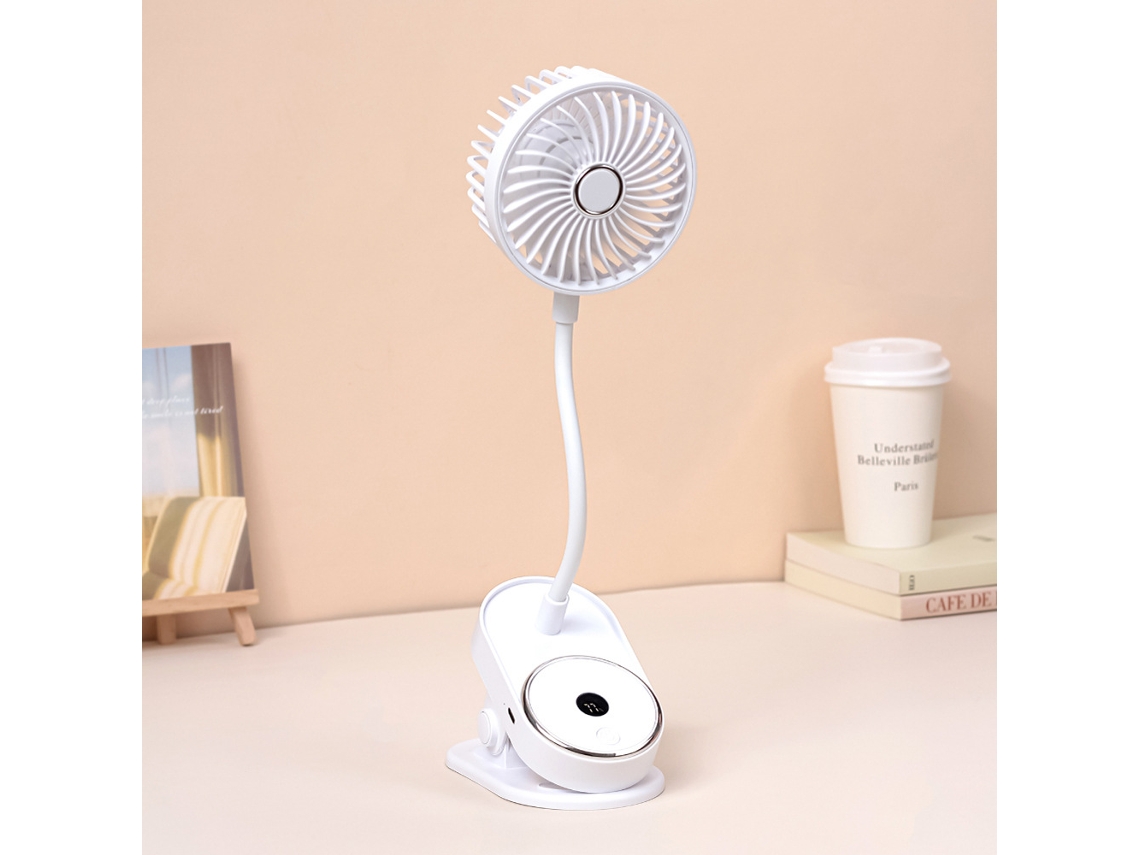 Ventilador de clip Yuysan con carga USB y pantalla digital, 1000 mAh, color blanco