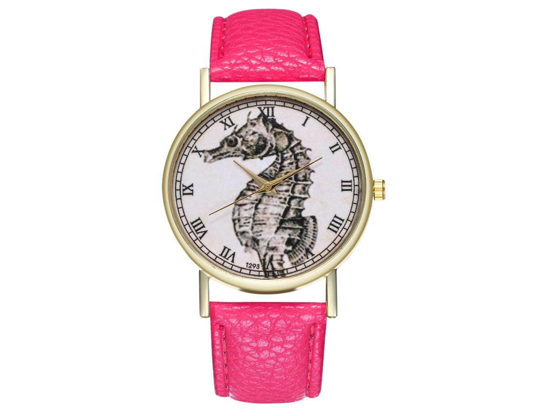 Reloj De Pulsera Unisex Analógico De Cuarzo Zhoulianfa, Rosa Y Rojo, Con Estampado De Caballito De Mar.