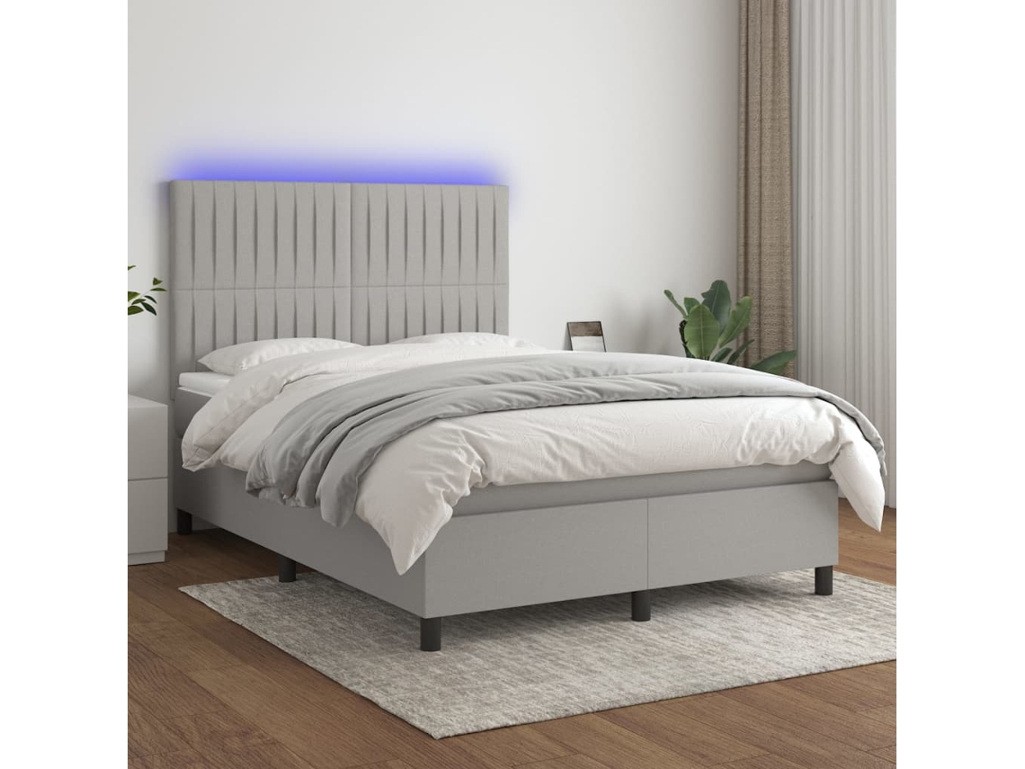Cama Box Spring Colchón Y Luces Led Tela Gris Claro 140x190 Cm