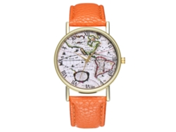 Reloj De Pulsera De Cuarzo Para Mujer Con Correa De Cuero Con Estampado De Mapa Naranja.