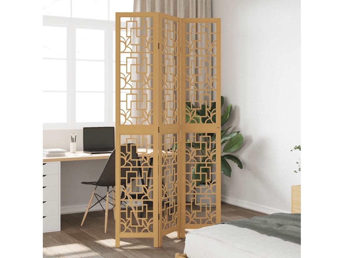 Separador de ambientes | Biombo de privacidad con 3 paneles, madera maciza de paulownia marrón.