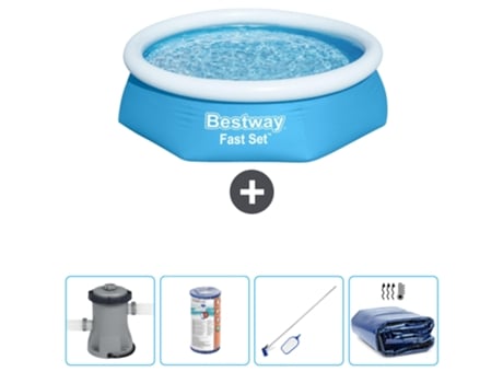 Piscina hinchable redonda Fast Set BESTWAY - 244 x 61 cm - Azul - Bomba incluida Filtrar - kit de limpieza - Vela solar
