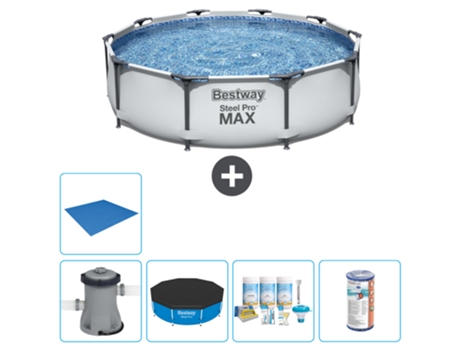 Piscina BESTWAY Round Steel Pro MAX - 305 x 76 cm - Gris - Bomba incluida Cubrir - Paquete de mantenimiento - Filtrar - Suelo