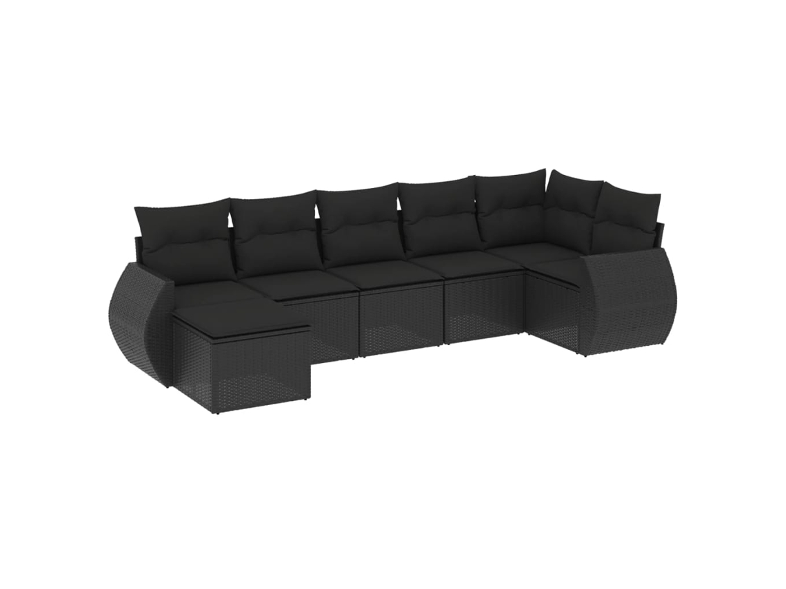 Conjunto de sofá de jardín de 7 piezas con cojines de mimbre, negro, EXCLUSIVO DE LA CASA
