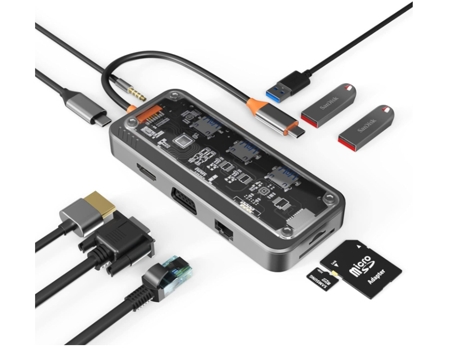 Dongle USB C HUB, estación de acoplamiento con adaptador USB C 10 en 1 con 4K HDMI, VGA, PD tipo C, USB3.0, Ethernet RJ45, lector de tarjetas SD/TF...
