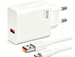 Cargador rápido USB-C de 90 W, conector estándar europeo, con cable de 1 m.