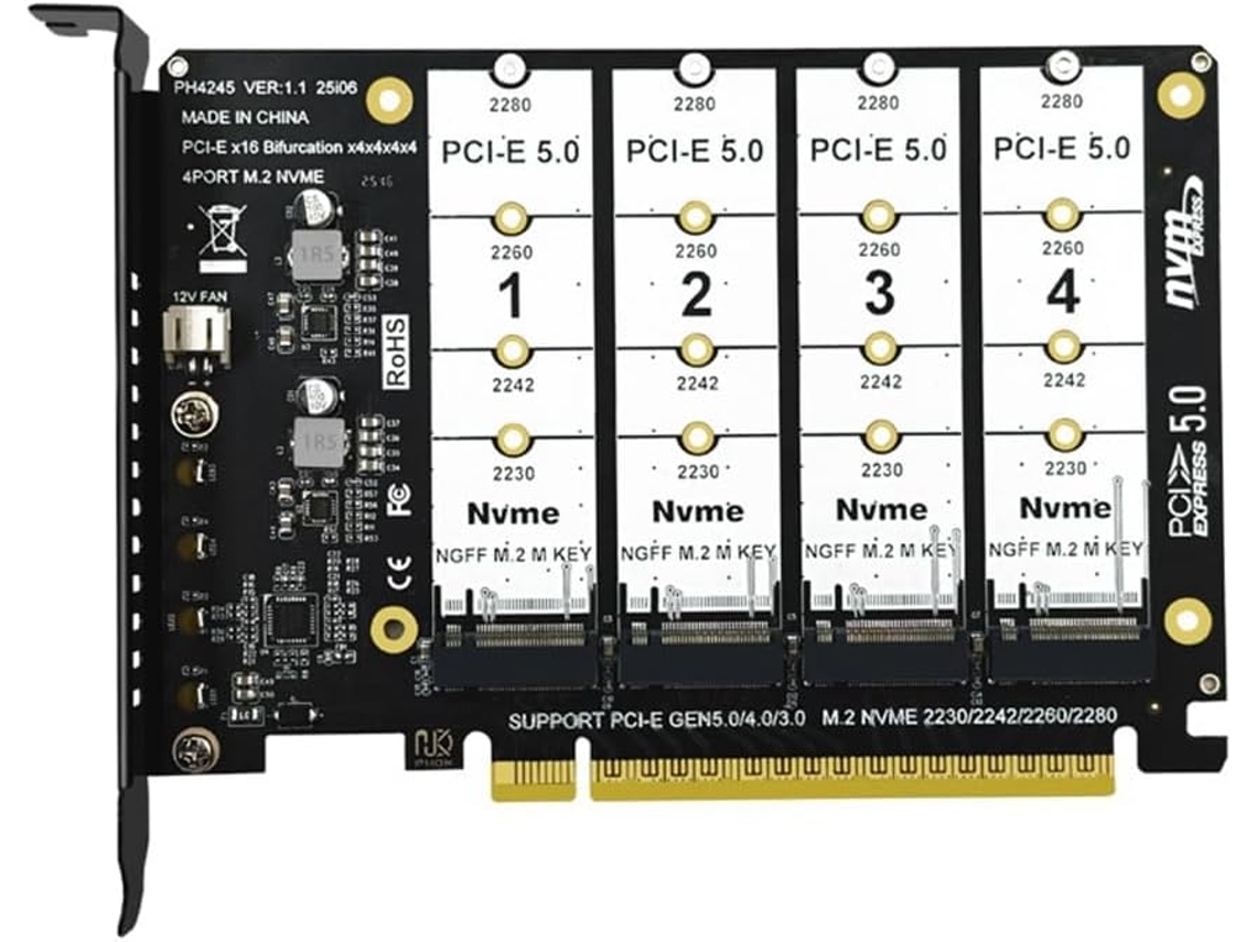 Adaptador De Tarjeta De Expansión M.2 Nvme Ssd Pci-e 5.0 X16 De 4 Puertos - Compatible Con 2230 Y 2242