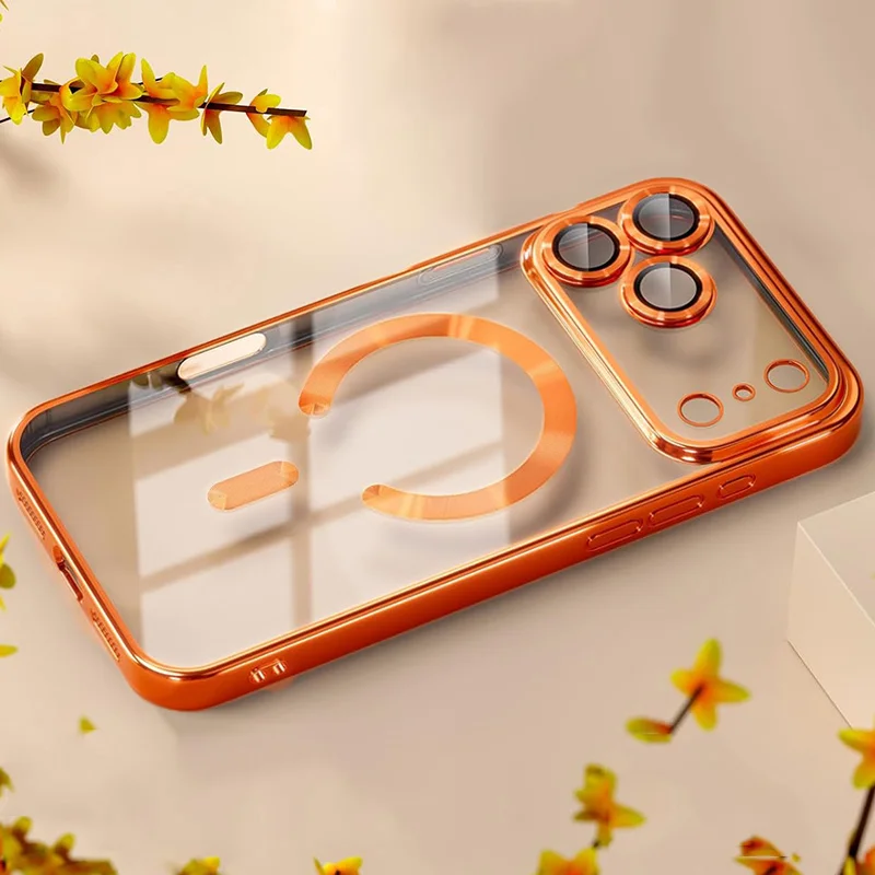 (iphone 11 Pro Naranja) Funda Magnética Transparente Magsafe Para Teléfono, Protección De Lente, Funda Blanda Galvanizada
