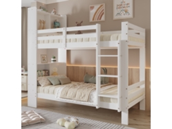 Litera blanca de 90 x 200 cm, estructura de madera maciza, estantes integrados y escalera lateral de 3 niveles.