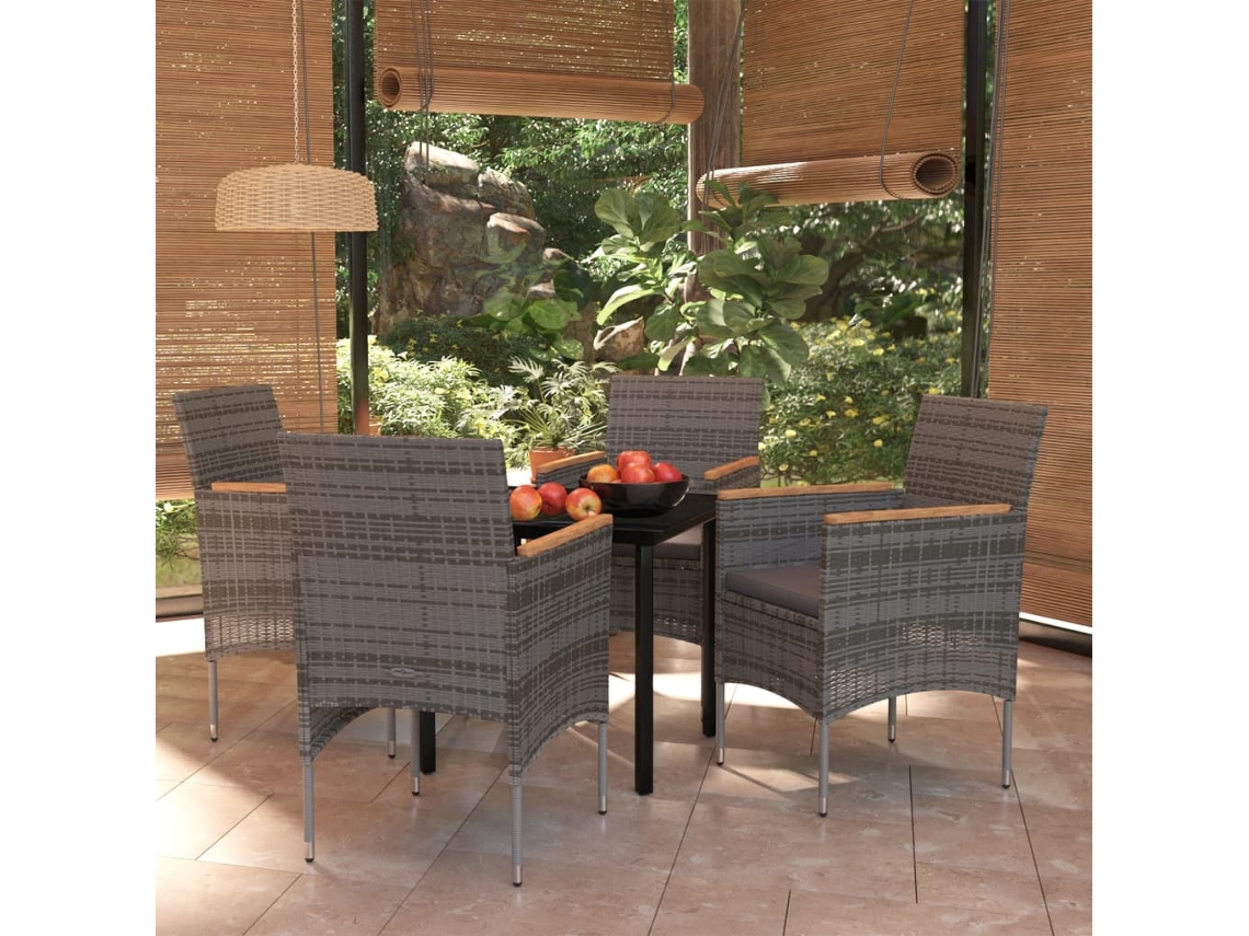 vidaXL Juego de comedor para jardín de 5 piezas y cojines gris y negro