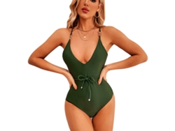 Traje de baño verde claro, escote en V profundo, sin espalda, tirantes ajustables, talla XL