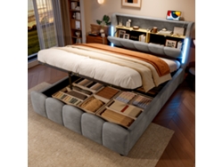 Cama Tapizada 140x200 Cm Con Led, Cabecero Con Almacenamiento, Hidráulica, Usb Y Usb-c, Terciopelo Gris, Colchón No Incluido.