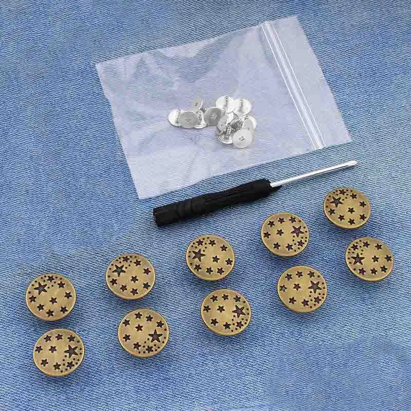 10 Botões e Fechos de Metal + Chave de Fenda Ajustável, Removível e Reutilizável. MDUG