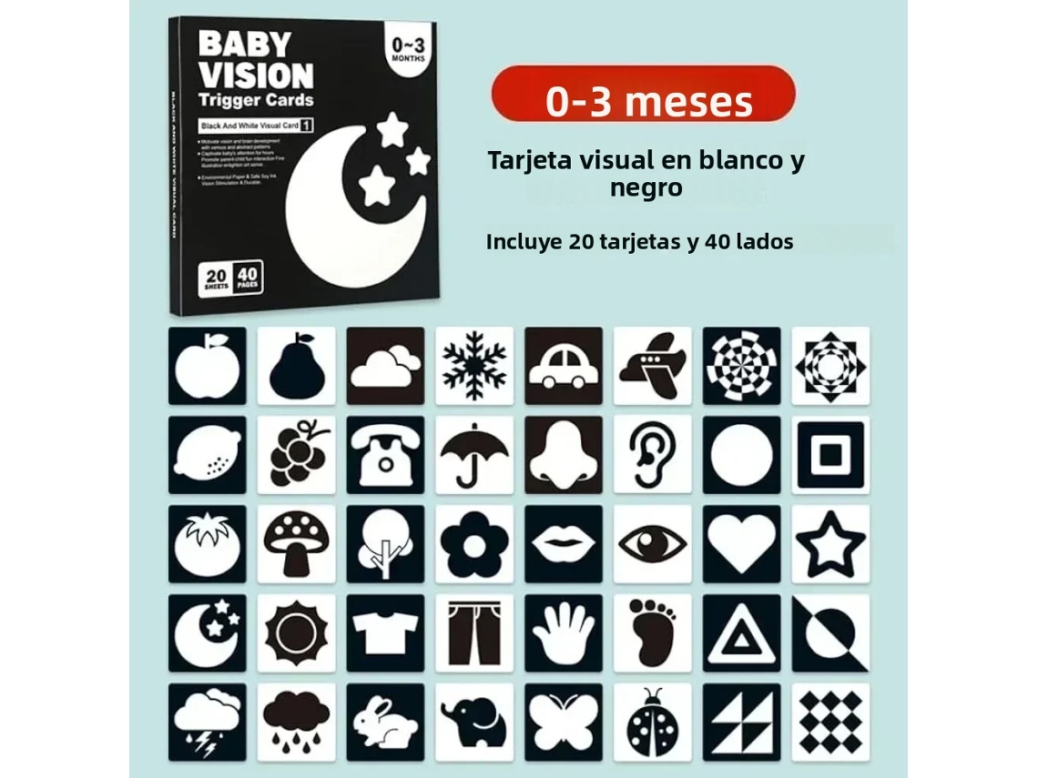 (0-3 meses) Tarjeta de estimulación visual para bebés Juguetes de aprendizaje temprano Libro de aprendizaje visual neonatal Contraste en blanco y negro