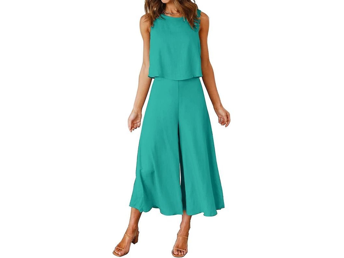 Conjunto de verano de dos piezas para mujer Roylamp 2026: top básico de cuello redondo y pantalón ancho tobillero.