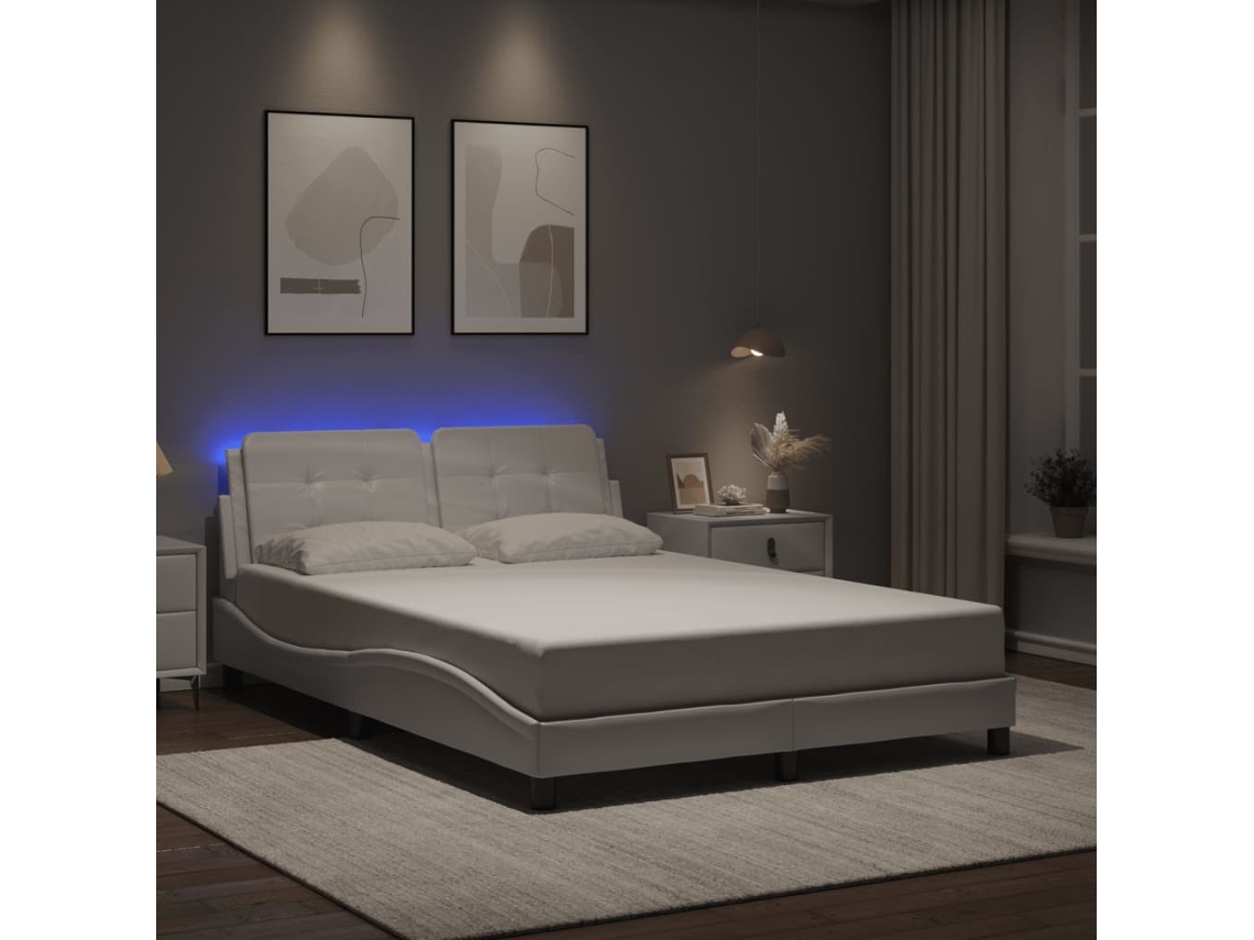 Estructura Cama Con Luces Led Cuero Sintético Blanco 140x200 Cm