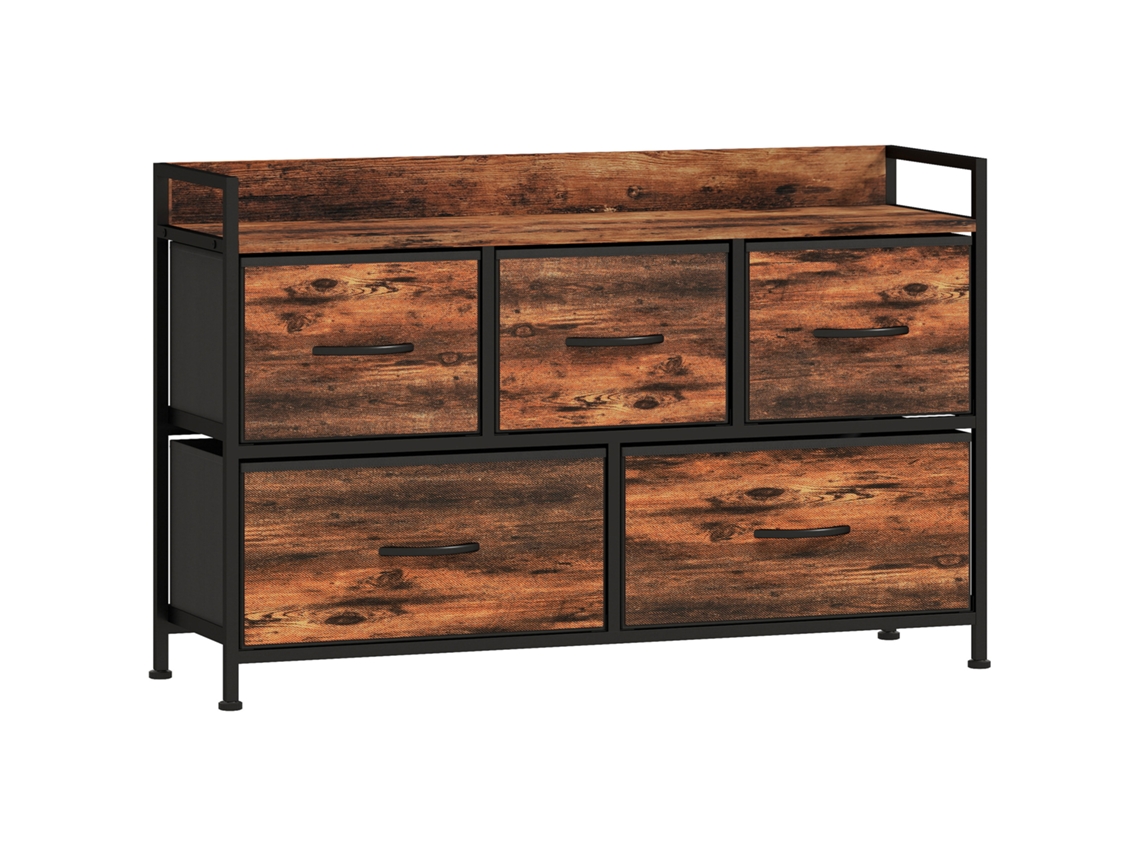 Cómoda con 5 cajones de tela, cómoda de estilo industrial con estructura metálica para dormitorio, 98x29x63 cm, marrón rústico.