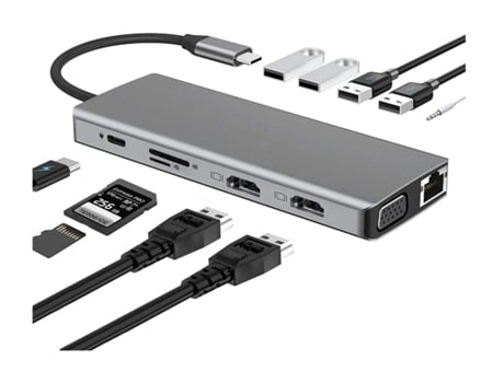 Adaptador multipuerto de concentrador USB C: 2 x 4K HDMI, RJ45 Ethernet, VGA, USB 3.0, lector de tarjetas SD MicroSD, conector de 3,5 mm, PD tipo C...