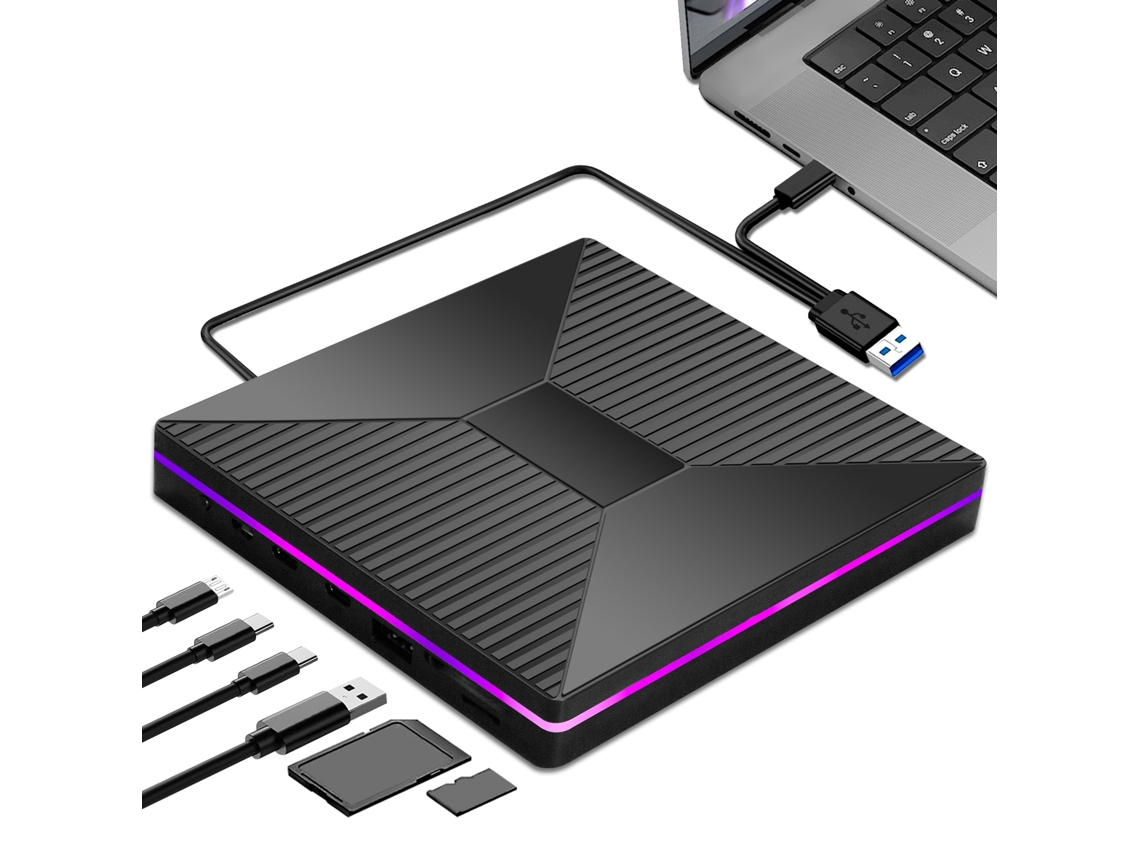 Yunzii - Unidad óptica externa multifuncional 7 en 1 2A2C, grabadora de CD para ordenador, grabadora de CD portátil, unidad óptica externa para portátil