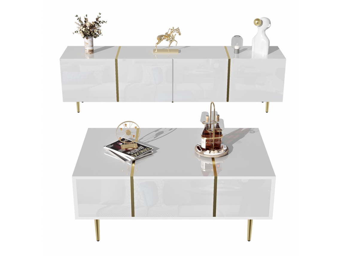 Mueble Para Tv Y Mesa De Centro Blancos Brillantes Para Sala De Estar.