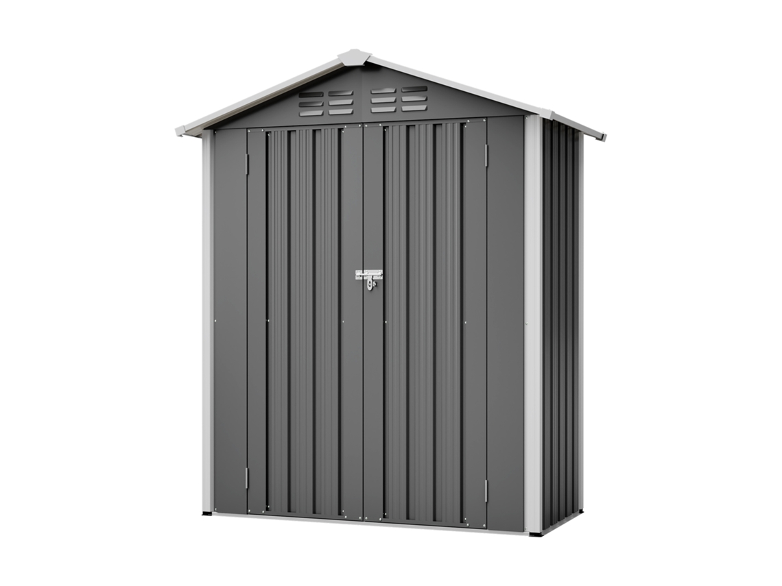 Caseta metálica de jardín de 154 x 83 x 180 cm con orificios de ventilación. Incluye base metálica. Puerta con cerradura. Resistente a la intemperie. Zkaka