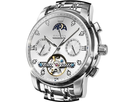 VEANXIN Reloj hueco automático para hombre Calendario clásico Reloj de acero inoxidable resistente al agua(blanco plateado)