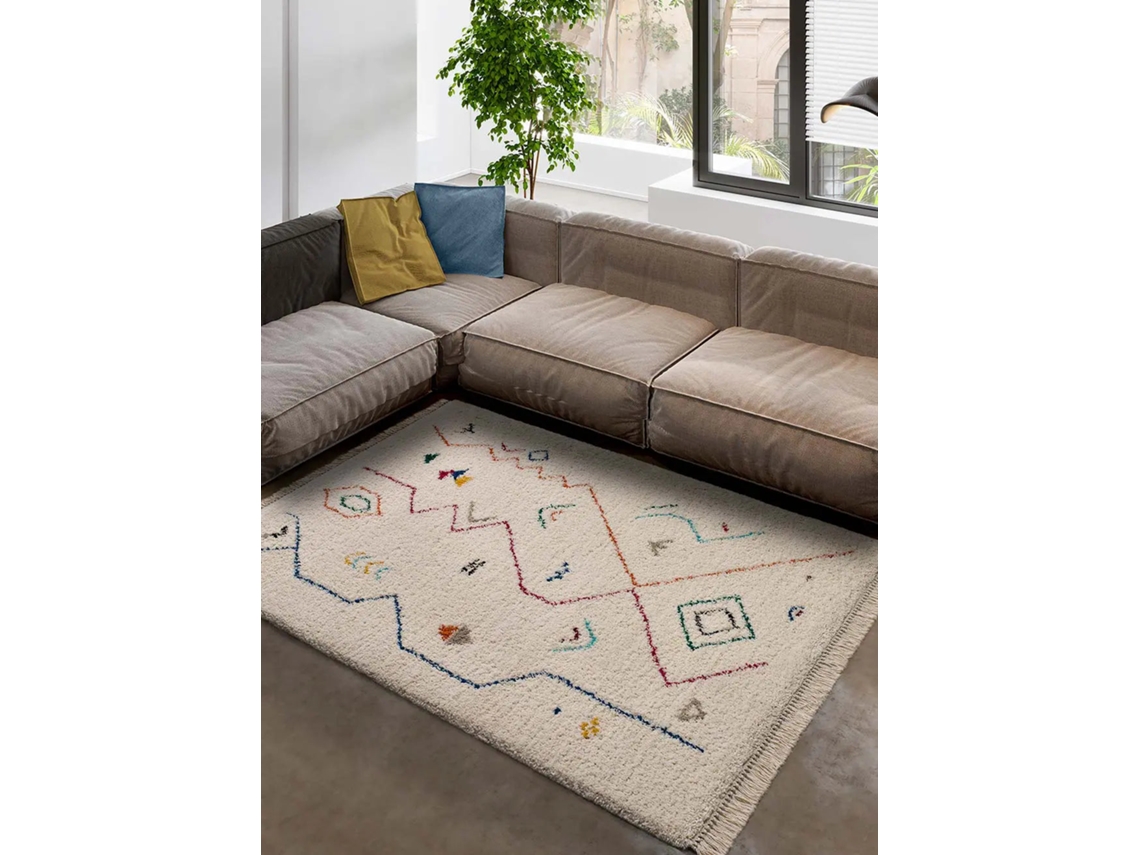 Alfombra de pelo largo con flecos ATTICGO (Yebel - Blanco - 80x150 cm)