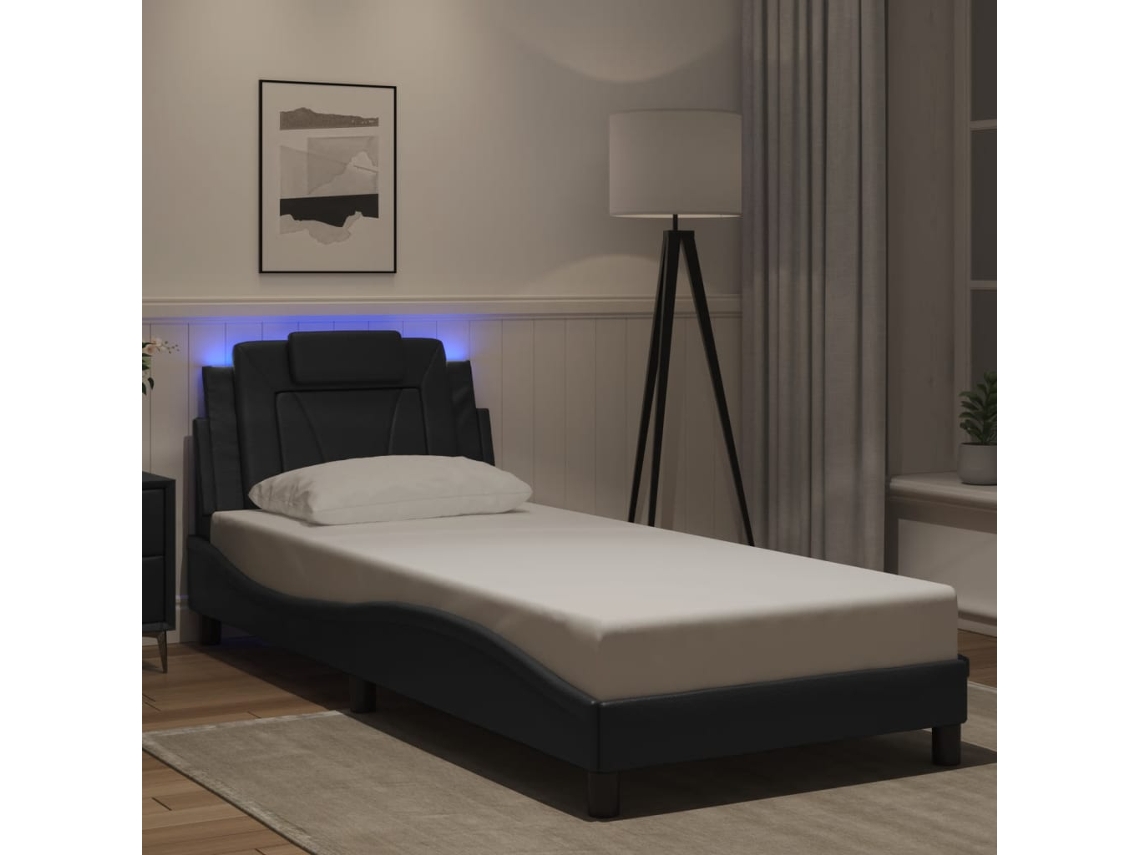 Estructura Cama Con Luces Led Cuero Sintético Negro 90x190 Cm
