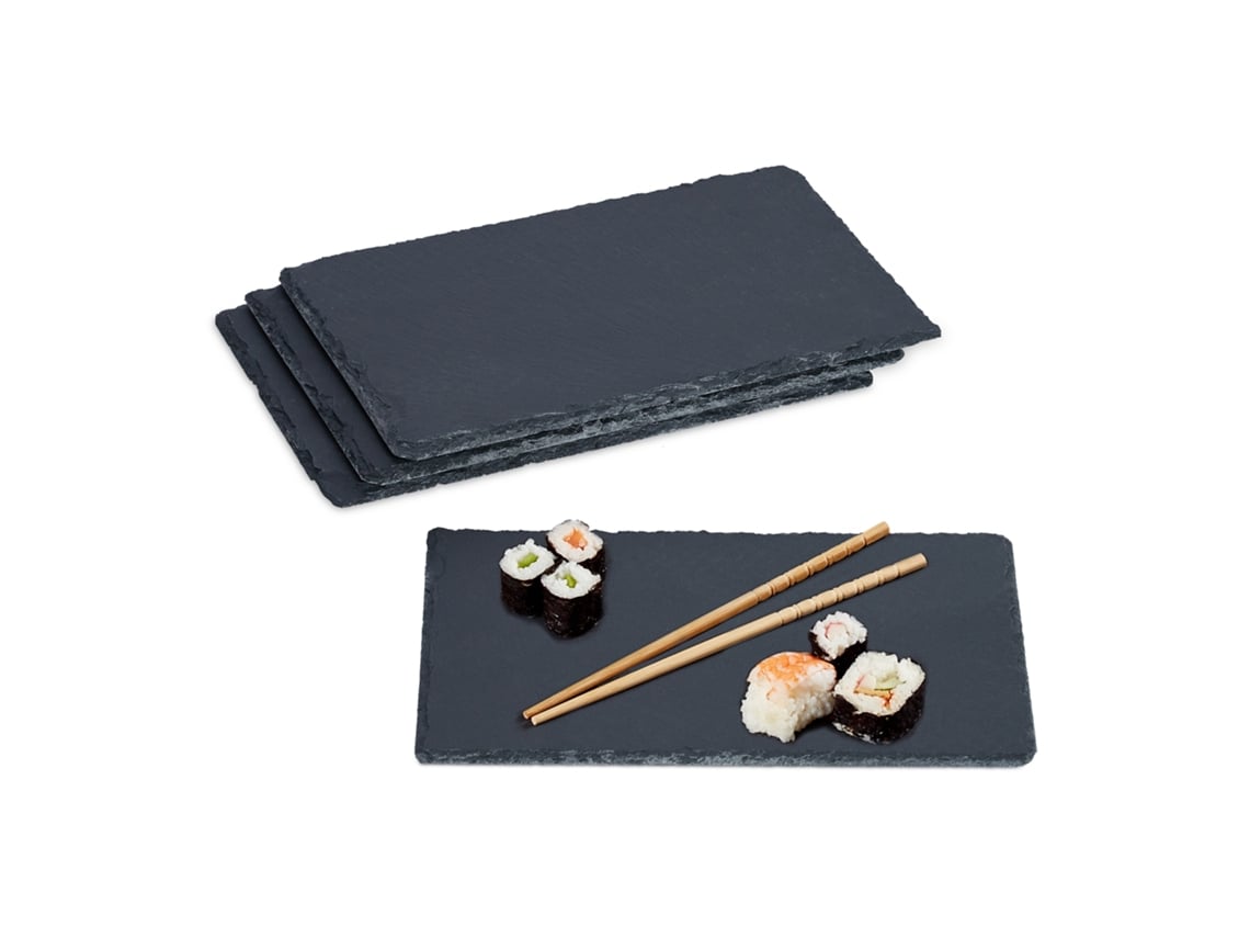 Relaxdays Set De 4 Platos De Pizarra, Para Servir Y Escribir, Buffet, Bandeja Piedra Rectangular, 26 X 16 Cm, Antracita
