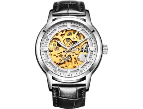VENAXIN Relojes deportivos automáticos de cuero con esqueleto hueco para hombre-Negro Plata Blanco VEANXIN