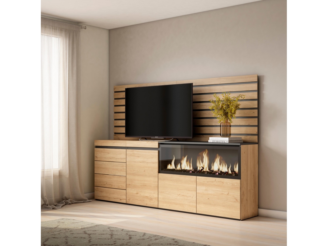 Aparador, 214x145x35 cm, Dormitorio, habitación, Chimenea eléctrica XXL, Cómoda, Cajonera, Roble SKRAUT HOME