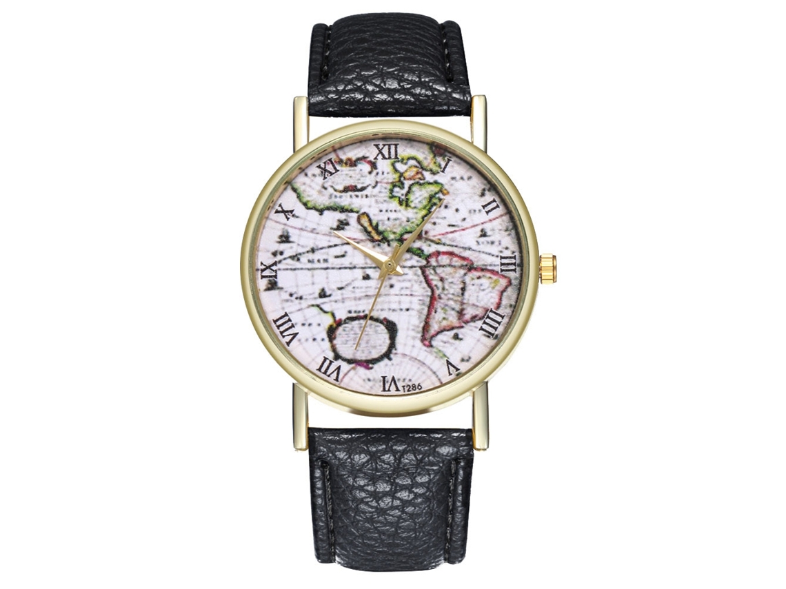 Reloj De Pulsera De Cuarzo Para Mujer Con Correa De Cuero Y Diseño De Mapa Negro.