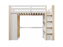 Cama alta de 90x200 cm - Con luces LED, armario y estantería, colchón no incluido - Blanco y natural