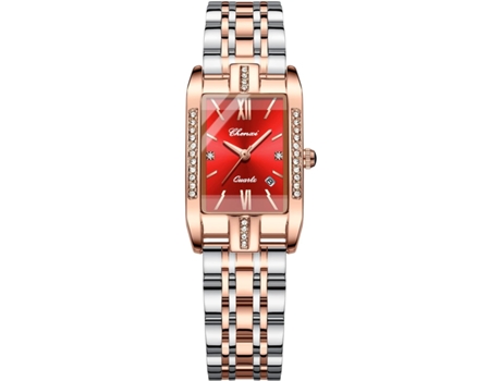 VEANXIN Reloj de pulsera resistente al agua con diamantes cuadrados para mujer-Rojo