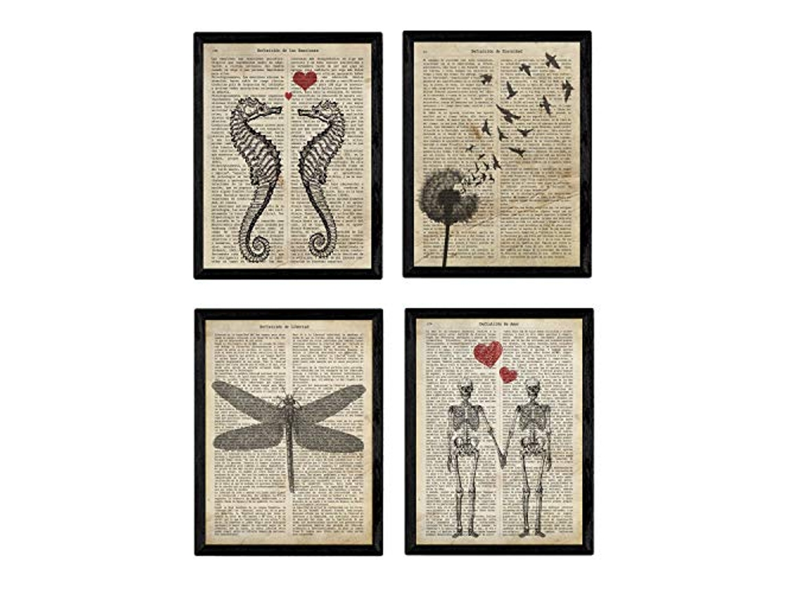 NACNIC Set de 4 Láminas Con Marco de Enciclopedia Vintage Con Caballito de Mar, Diente de León, Libélula y Pareja de Esqueletos. Tamaño A4. Con Marco