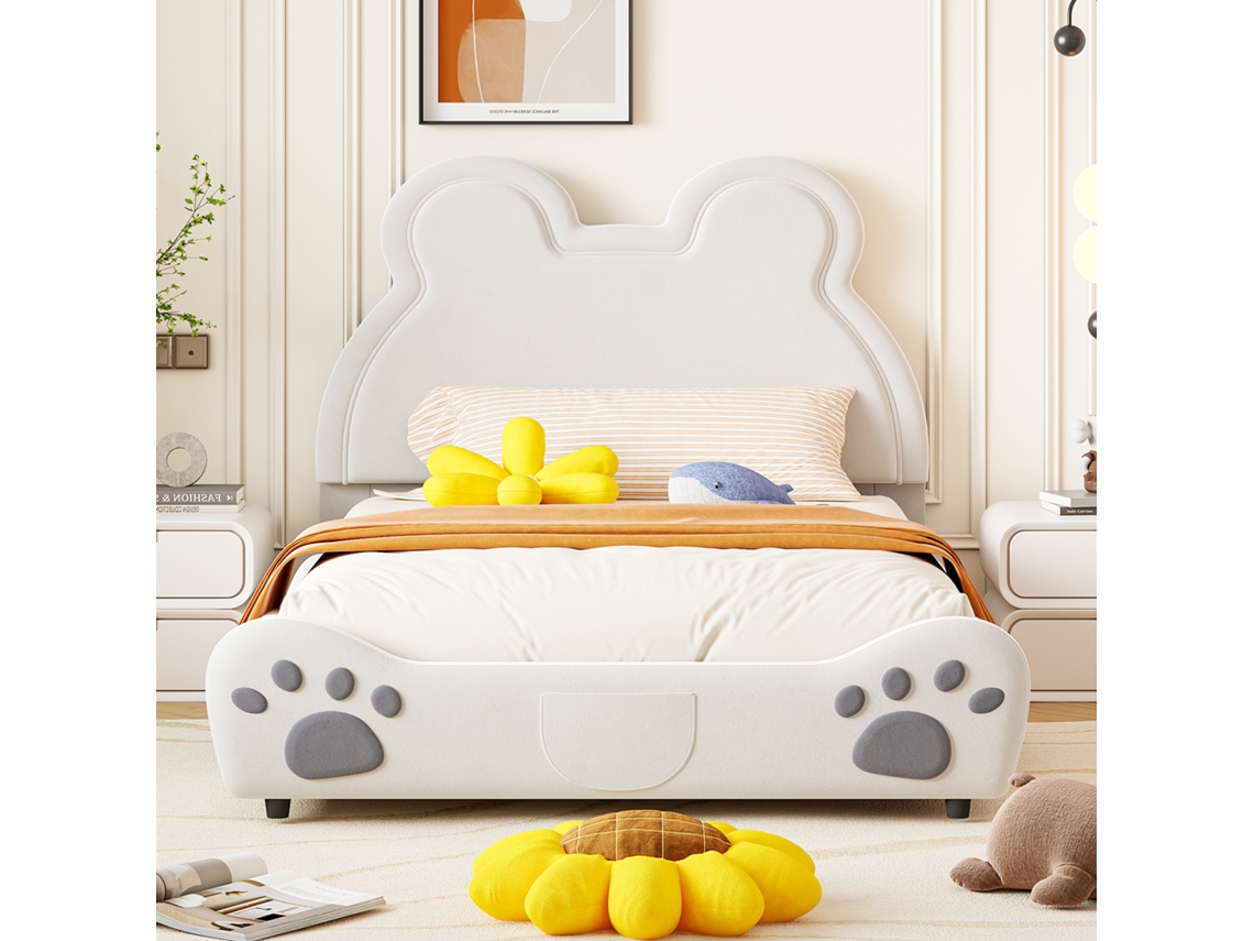 Cama infantil 140 x 200 cm - Forma de oso - Tejido de terciopelo - Beige