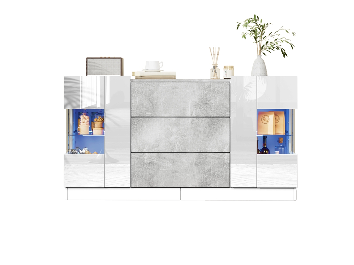 Aparador Blanco Brillo Mármol Led 2 Puertas 3 Cajones 140x35x75cm