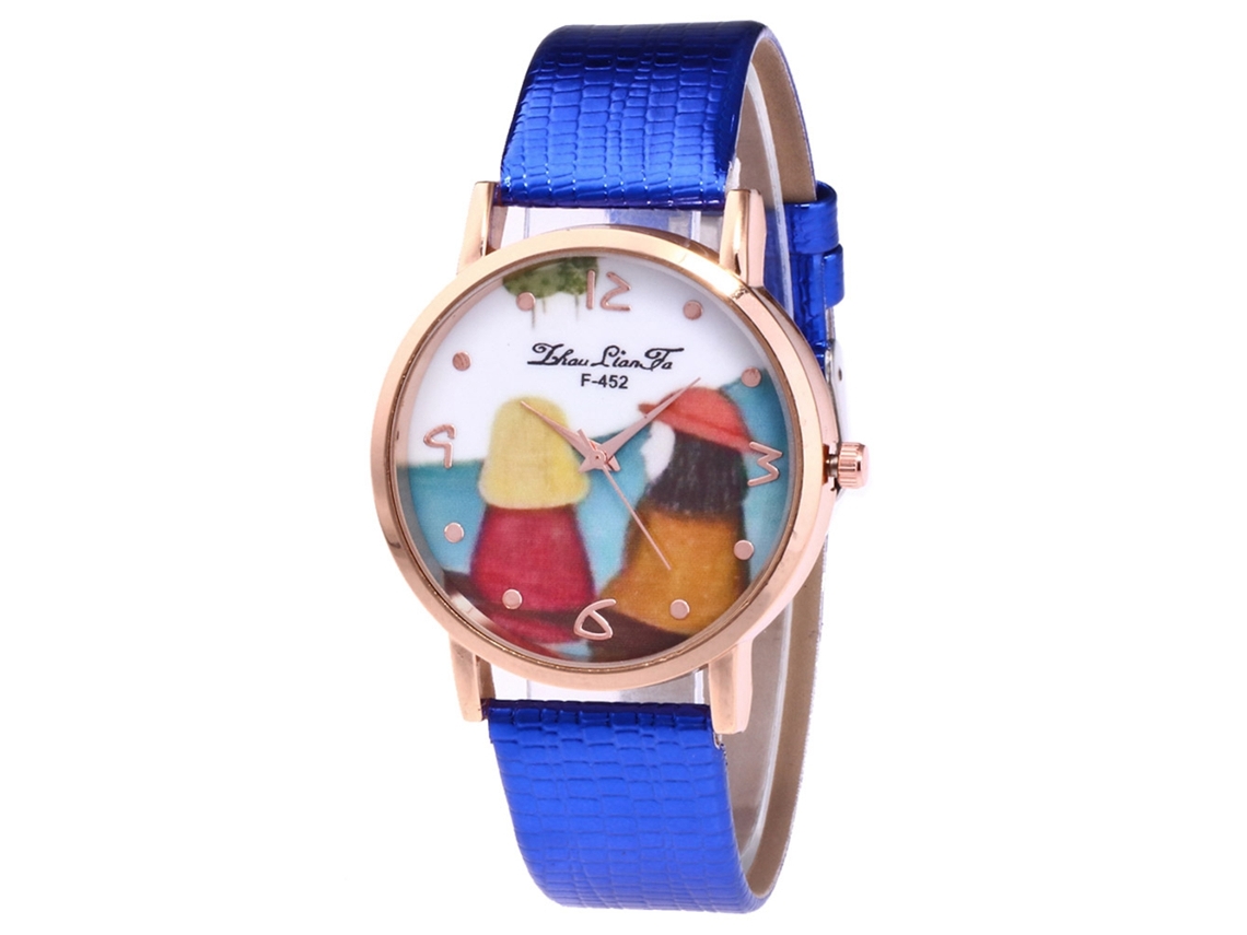 Reloj De Pulsera De Cuarzo Para Mujer Con Correa De Piel Sintética, Esfera Redonda Azul, A La Moda.