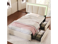 Cama de 90x200 cm con 2 cajones, LED, somier de láminas, estilo lino beige