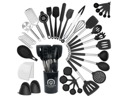 Utensilios de cocina de silicona de 43 piezas con mango de acero inoxidable, juego negro, chrui