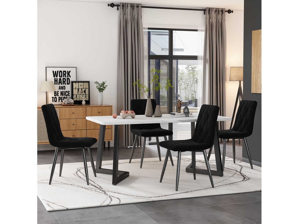 Conjunto De Mesa Y Sillas 117×68 Cm Rectangular, 4 Sillas En Terciopelo Negro Patas Negras Mobrio