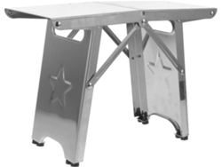 Taburete plegable portátil de acero inoxidable con capacidad de hasta 100 kg, ideal para uso en interiores.