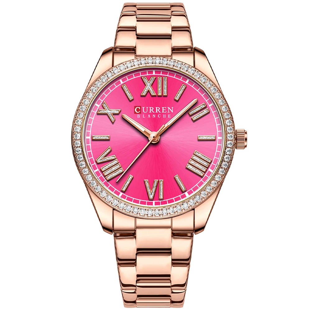 Reloj de pulsera para mujer (rosa), esfera con diamantes, elegantes agujas luminosas, caja de acero inoxidable.
