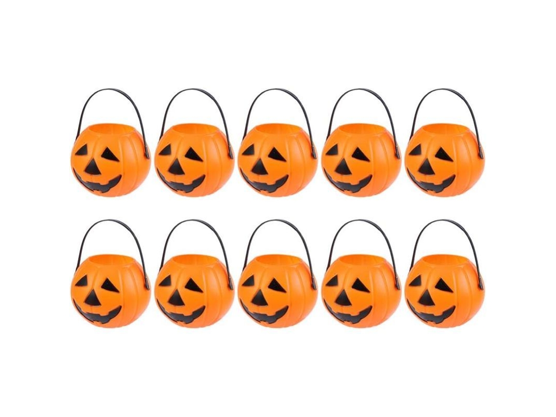 10 Mini Cubos De Plástico Con Forma De Calabaza Para Halloween Con Asa De 7 Cm Para Dulces Y Decoración.
