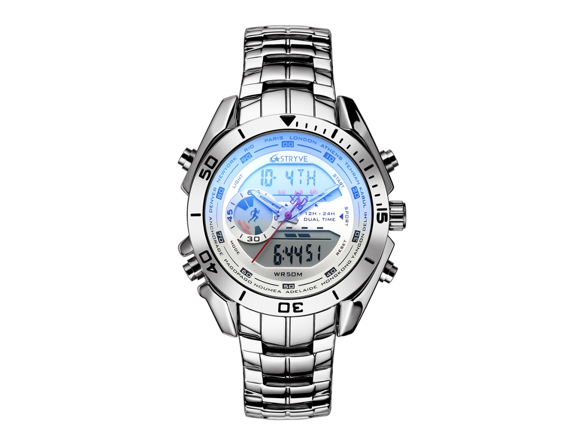 Reloj De Negocios Para Hombre (plateado Y Blanco), Doble Pantalla, Electrónico E Impermeable.