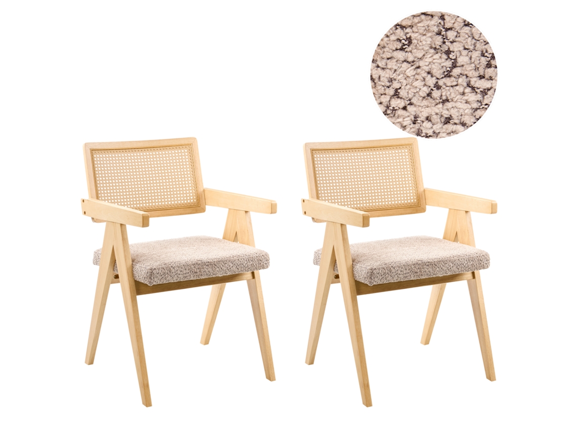 Juego de 2 sillas de comedor retro Beliani Ava de madera de caucho con asiento de felpa, color crema, 55 x 62 x 85